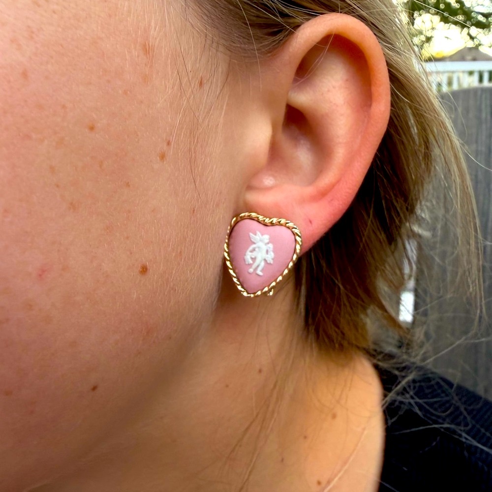 Wedgwood Pink Jasperware Cameo Heart Shaped Earrings